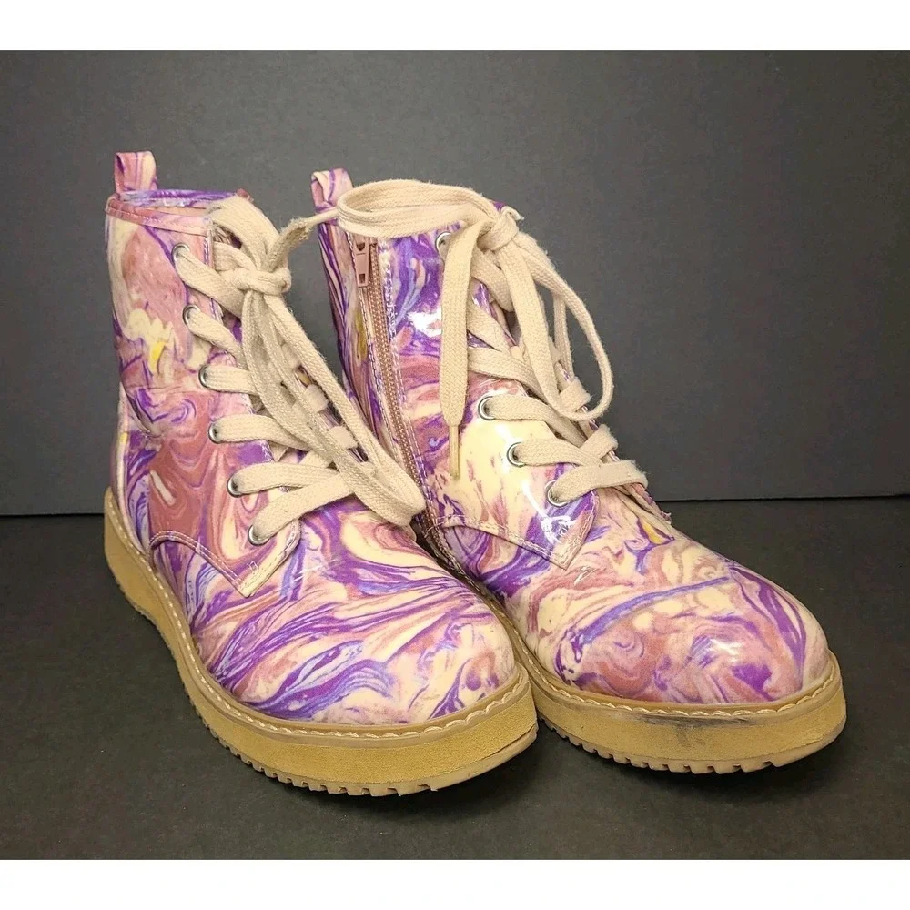Steve Madden Joliviaa Combat Boots Youth 4 Purple Marble Lace Up Side Zip